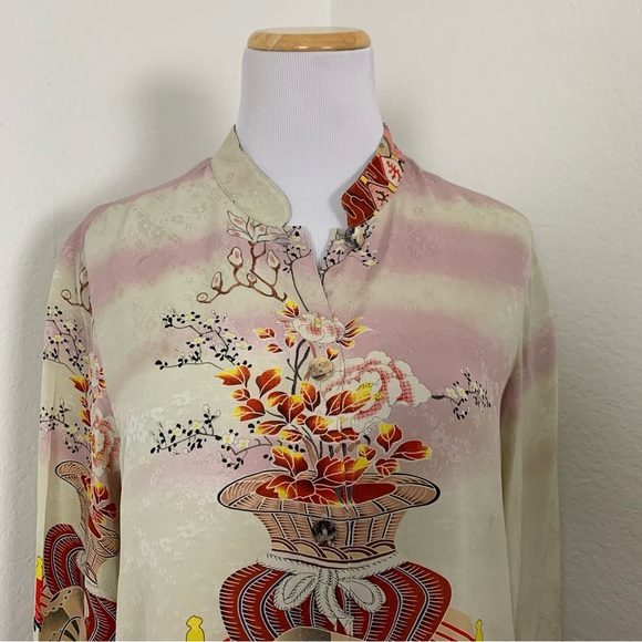 Citron 100% Silk Button Up Asian Inspired Tunic Blouse Women’s M Floral Mandarin - Picture 13 of 17